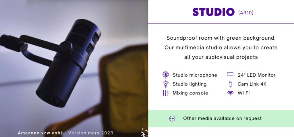 Studio Amazone. A multimedia studio for all your audiovisual projects (greenscreen, microphone, studio lighting, mixing console, etc.)